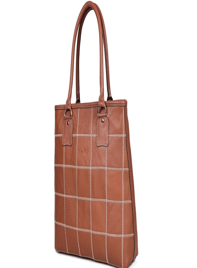 Celtic Genuine Leather Brown Tote Bag with Check Stitch Design and Zip Closure - Image 1
